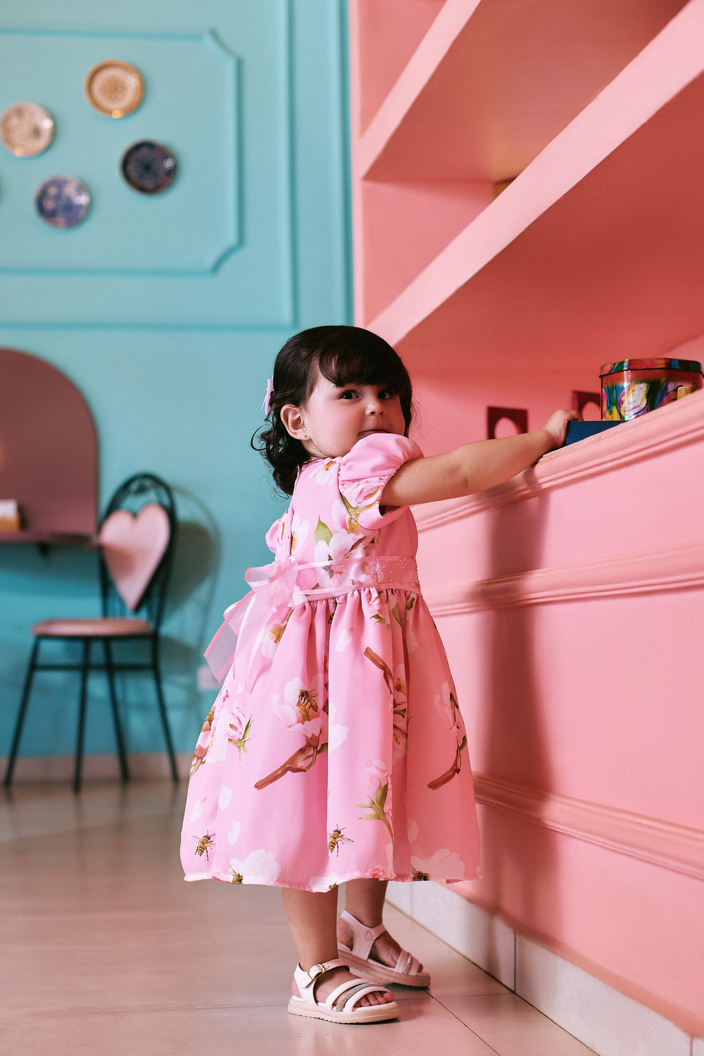 Vestido Bee Roses Menina Festa Crepe Estampado Strass Luxo