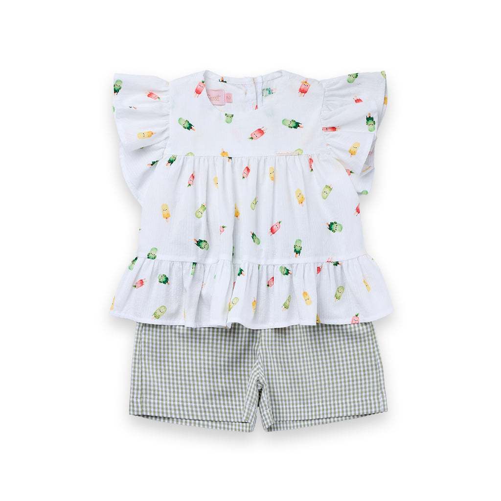 Conjunto Infantil Menina Bata Babados e Short Xadrez