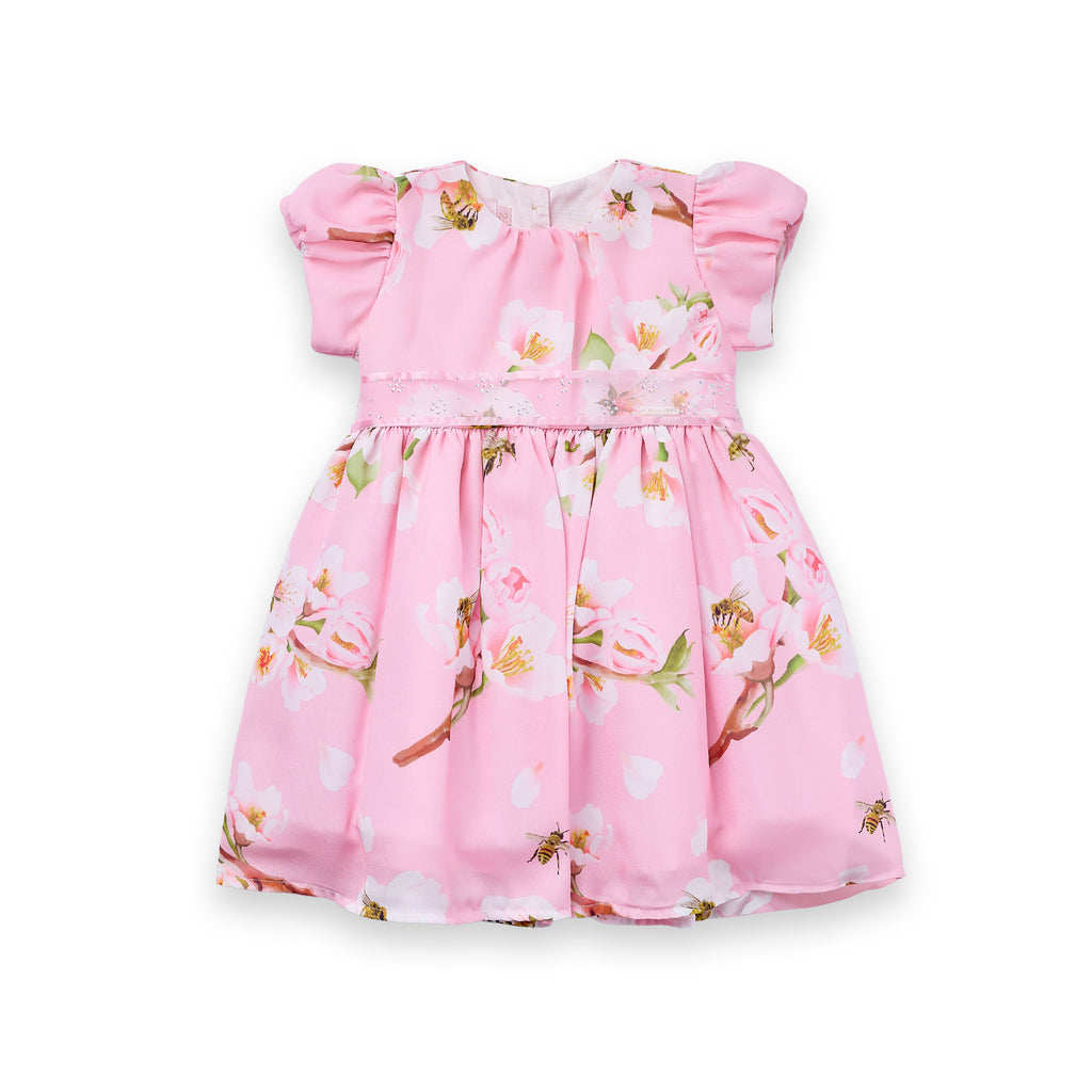 Vestido Bee Roses Menina Festa Crepe Estampado Strass Luxo