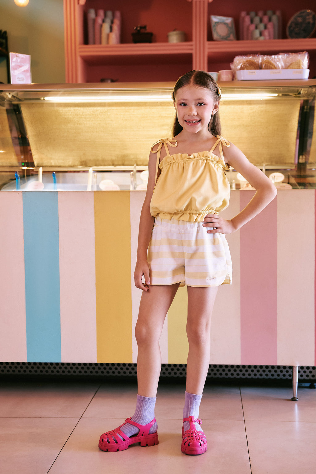 Conjunto Menina Verão Blusa Viscose Short Listrado