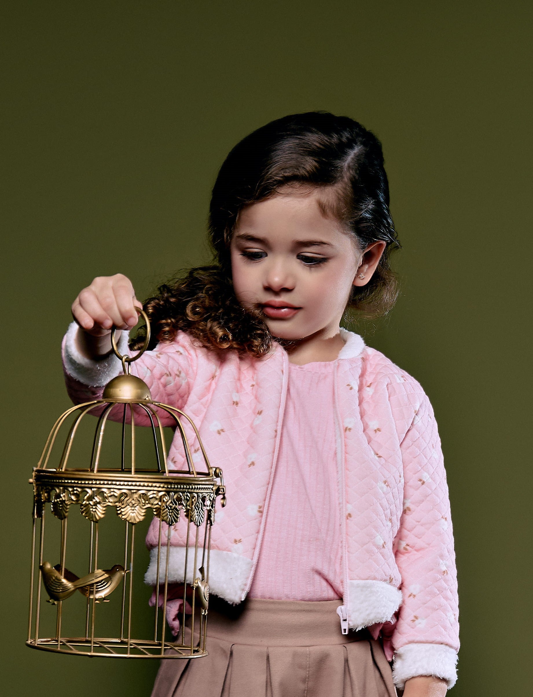 Casaco Infantil Menina Fleece Jacquard Floral Forrado Inverno