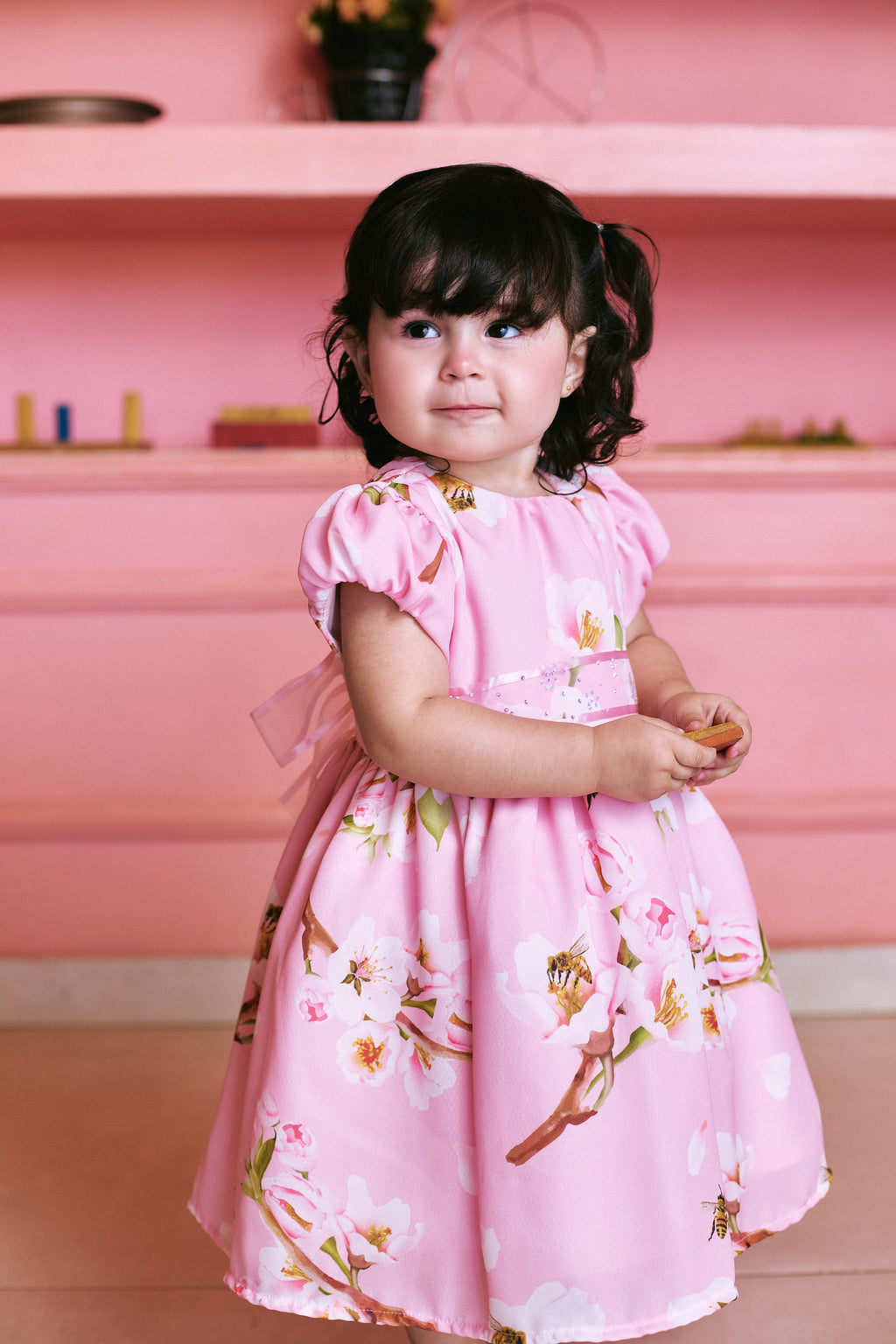 Vestido Bee Roses Menina Festa Crepe Estampado Strass Luxo