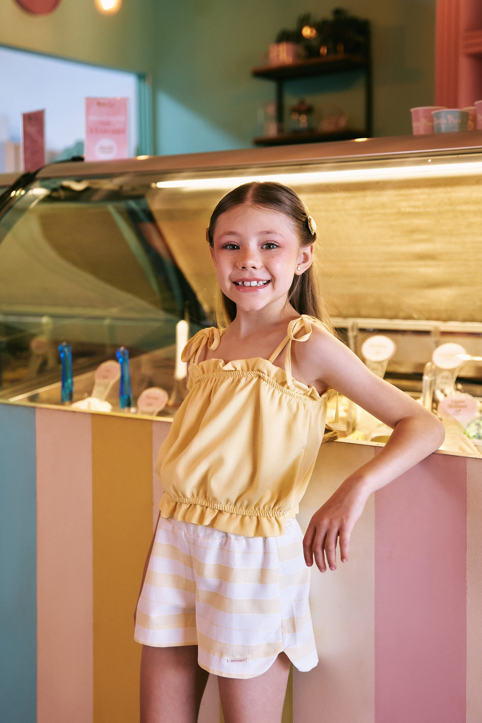 Conjunto Menina Verão Blusa Viscose Short Listrado