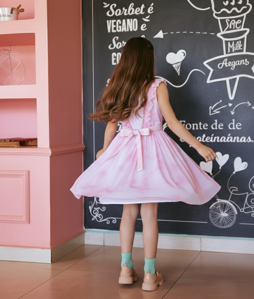 Vestido Menina Festa Boho Rosa Tule Estampado Luxo