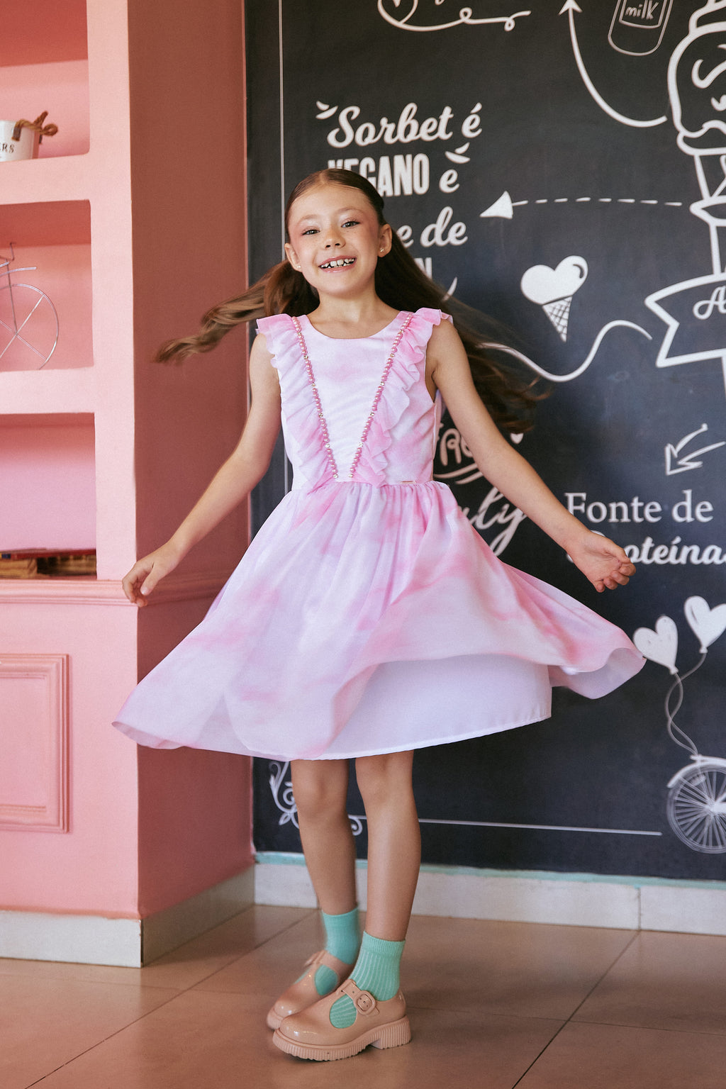 Vestido Menina Festa Boho Rosa Tule Estampado Luxo